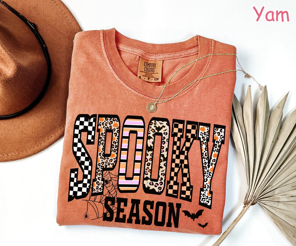 Comfort Colors® Spooky Season Shirt, Retro Halloween Shirt, Leopard Checkered Fall T-Shirt, Women's Halloween Graphic Tee, Girly Halloween
