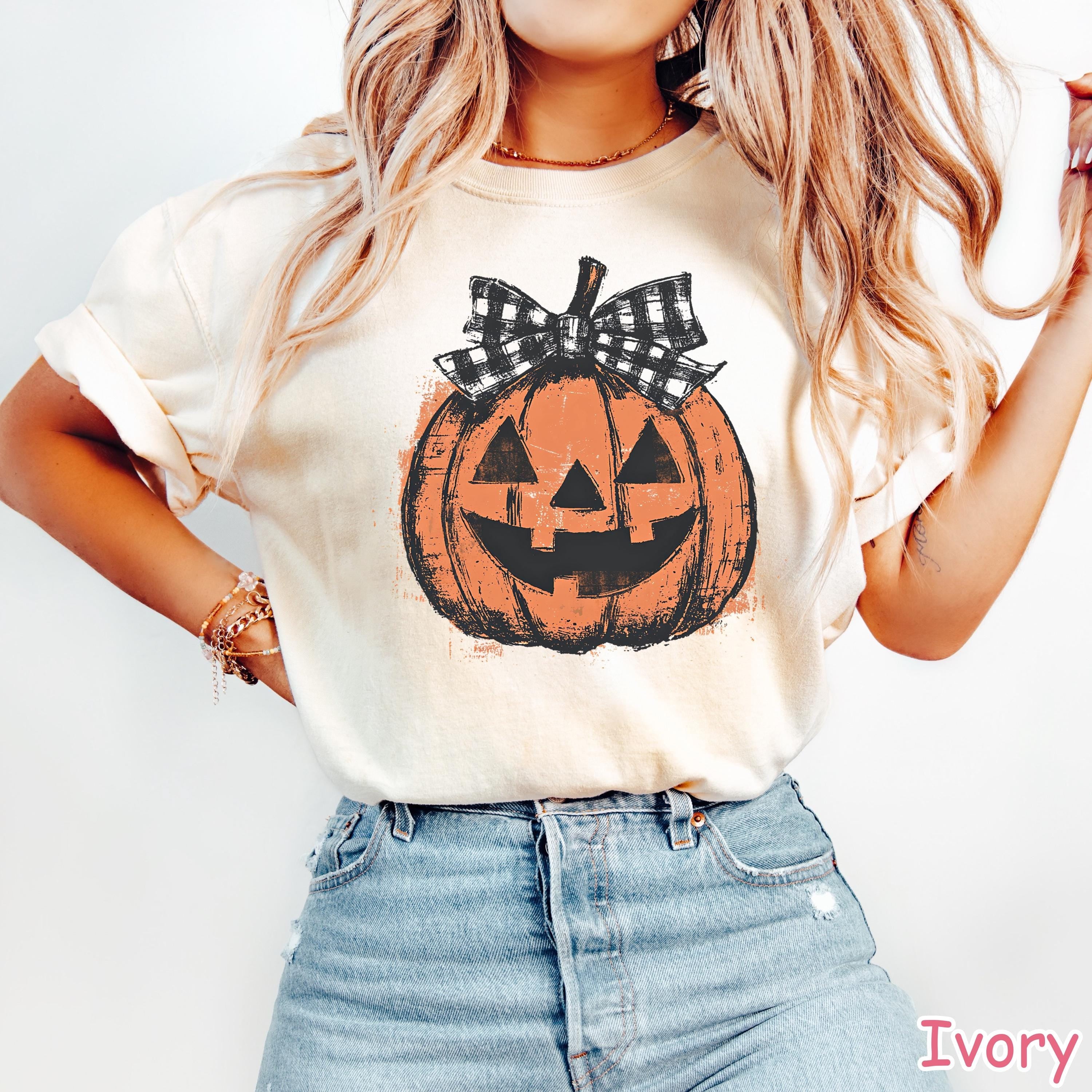 Comfort Colors® Pumpkin Shirt, Coquette Fall Pumpkin Shirt, Women's Halloween Bow Shirt, Retro Pumpkin Patch Shirt, Vintage Halloween Tee