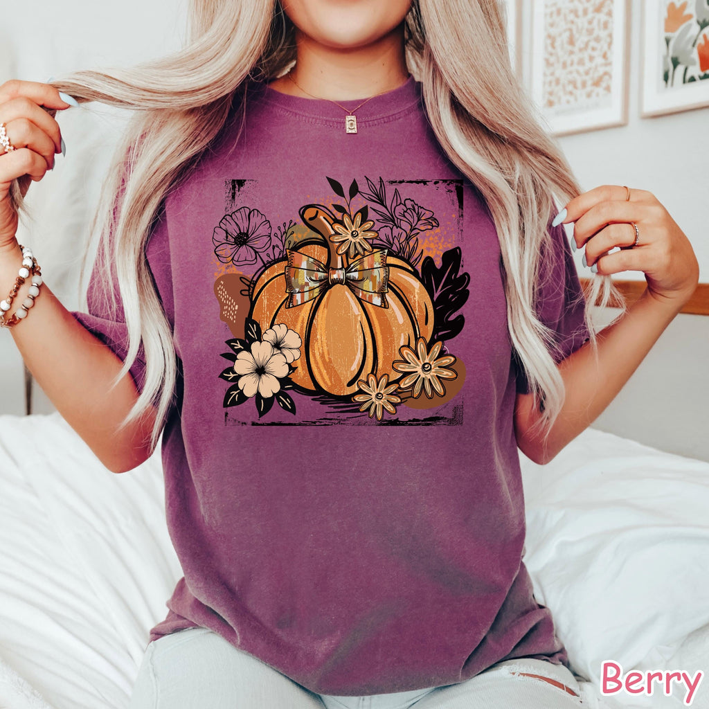 Comfort Colors® Floral Pumpkin Shirt, Retro Fall Pumpkin Shirt, Coquette Fall Bow T-Shirt, Autumn Shirt, Women's Fall T-Shirt, Pumpkin Spice
