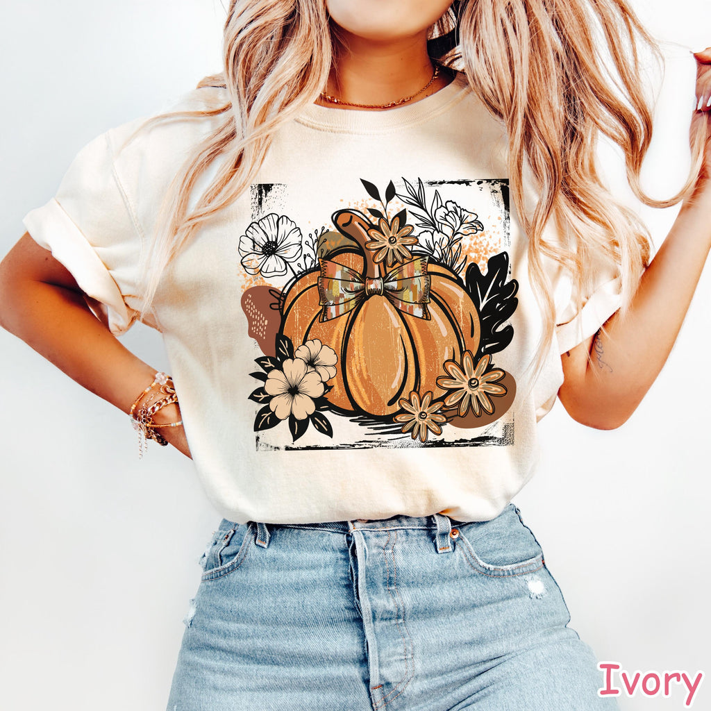 Comfort Colors® Floral Pumpkin Shirt, Retro Fall Pumpkin Shirt, Coquette Fall Bow T-Shirt, Autumn Shirt, Women's Fall T-Shirt, Pumpkin Spice