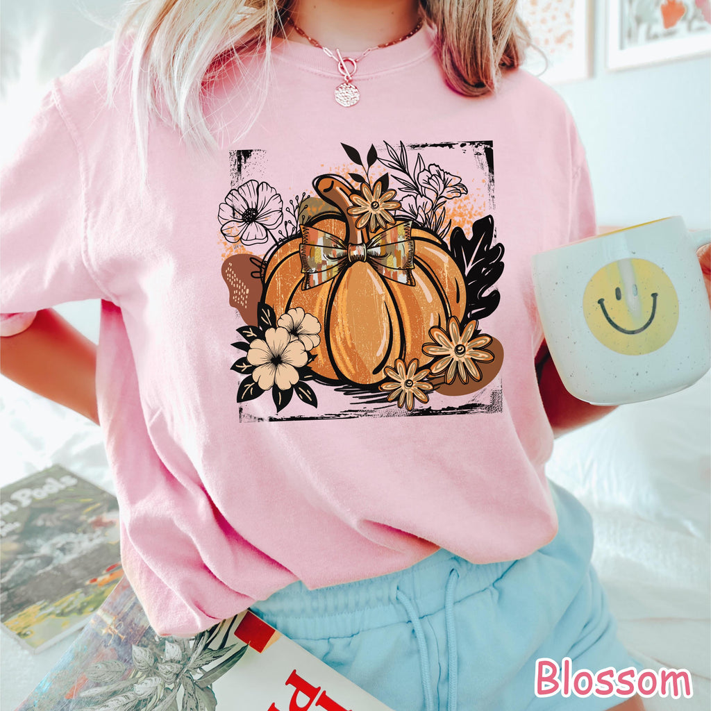 Comfort Colors® Floral Pumpkin Shirt, Retro Fall Pumpkin Shirt, Coquette Fall Bow T-Shirt, Autumn Shirt, Women's Fall T-Shirt, Pumpkin Spice