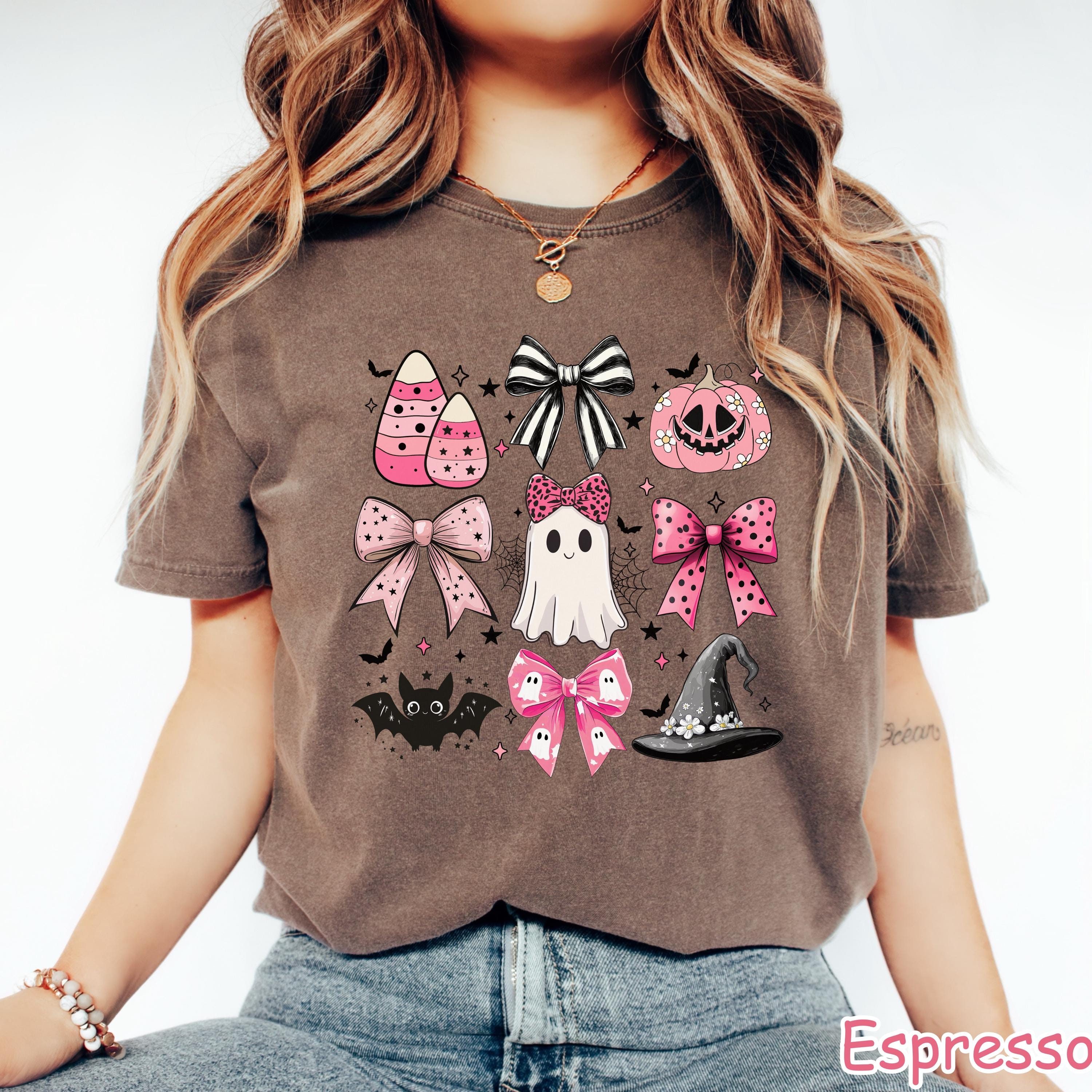 Comfort Colors® Coquette Halloween Spooky Shirt, Pink Girly Bows Halloween Tee, Fall Aesthetic Tee, Cute Ghost Shirt, Women's Halloween Gift