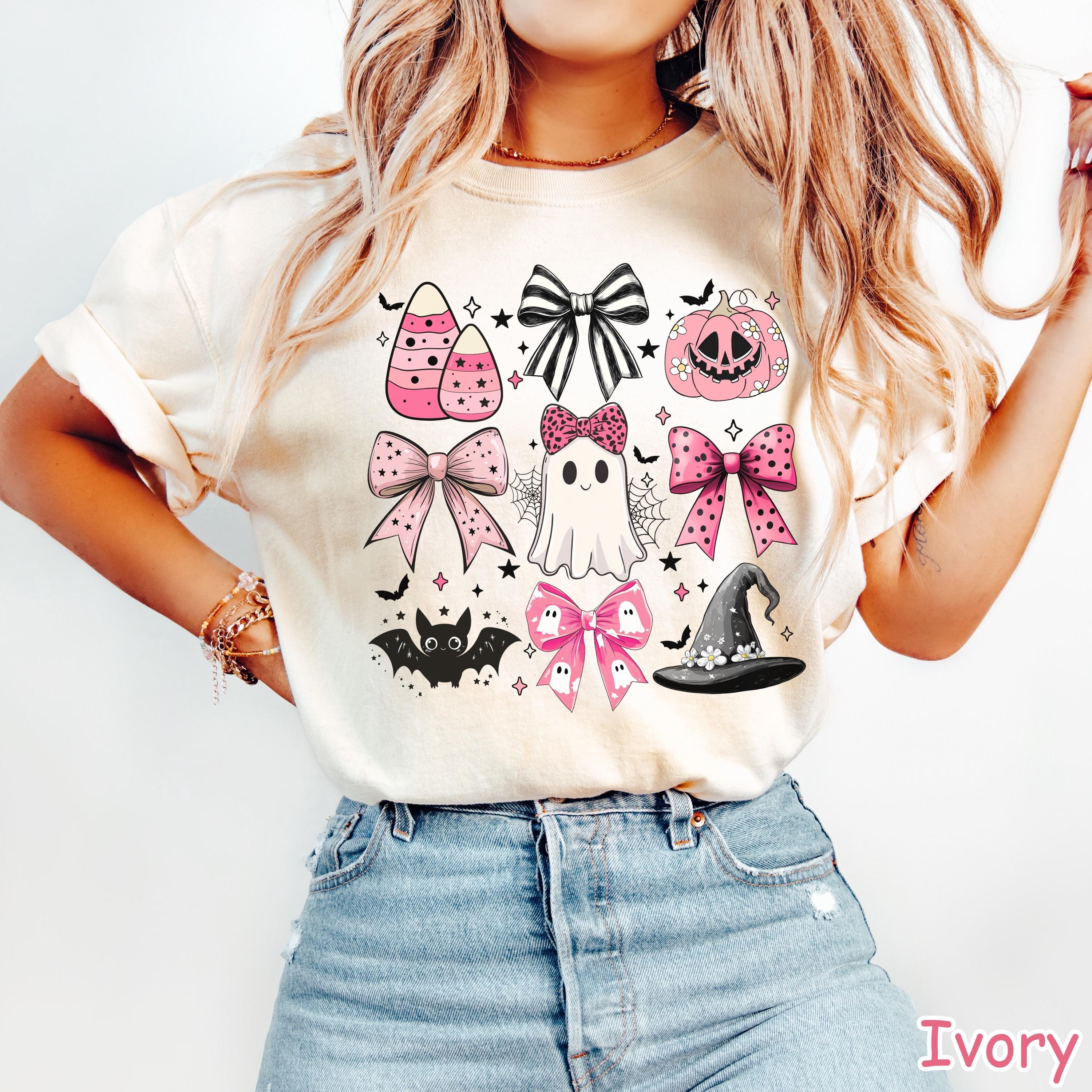 Comfort Colors® Coquette Halloween Spooky Shirt, Pink Girly Bows Halloween Tee, Fall Aesthetic Tee, Cute Ghost Shirt, Women's Halloween Gift