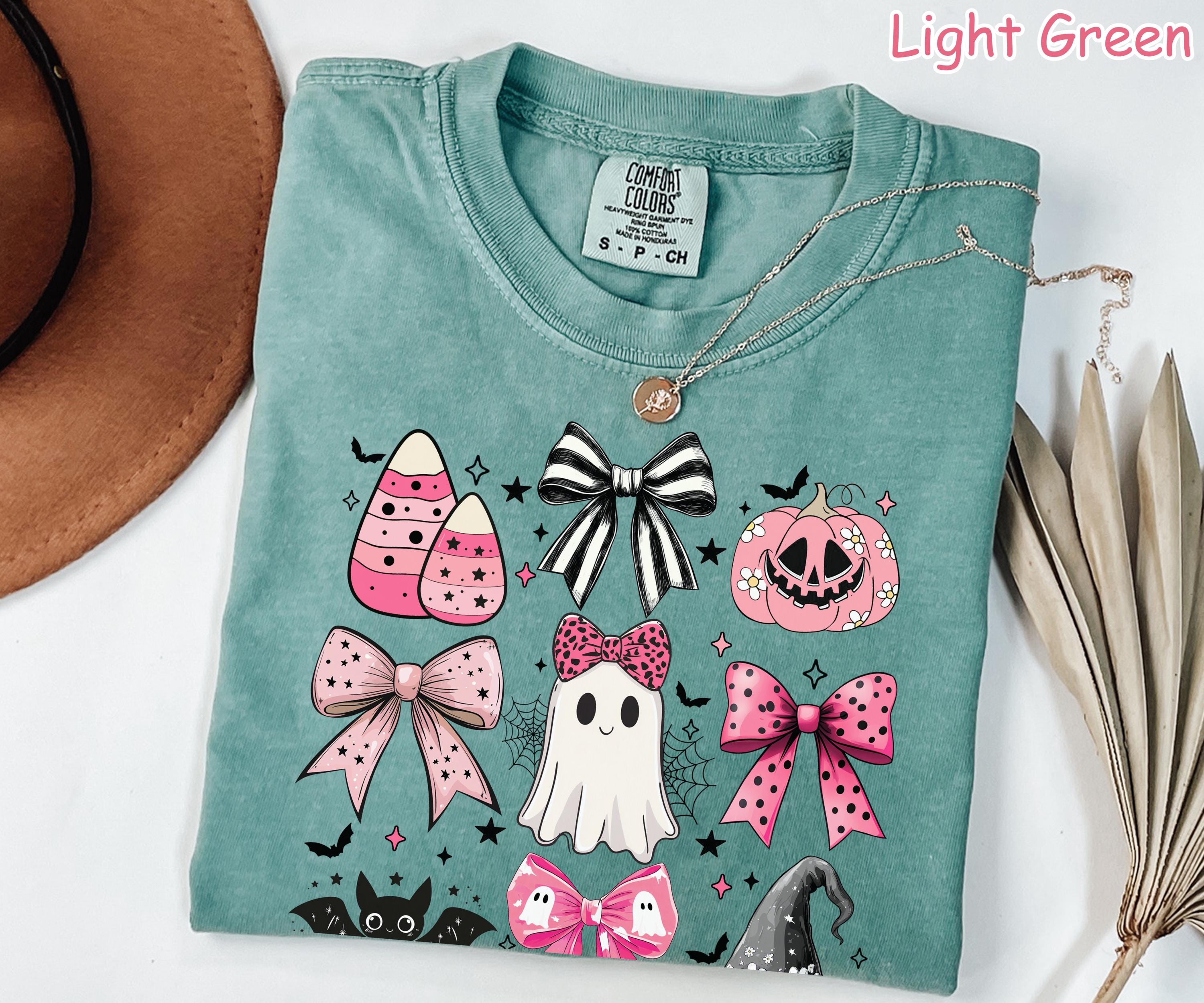 Comfort Colors® Coquette Halloween Spooky Shirt, Pink Girly Bows Halloween Tee, Fall Aesthetic Tee, Cute Ghost Shirt, Women's Halloween Gift