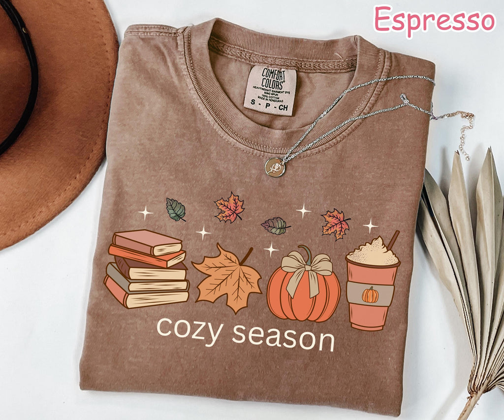 Comfort Colors® Cozy Season Shirt, Fall Pumpkin Shirt, Book Lover Gift, Women's Fall Coffee Latte Shirt, Autumn Shirt, Pumpkin Spice Shirt