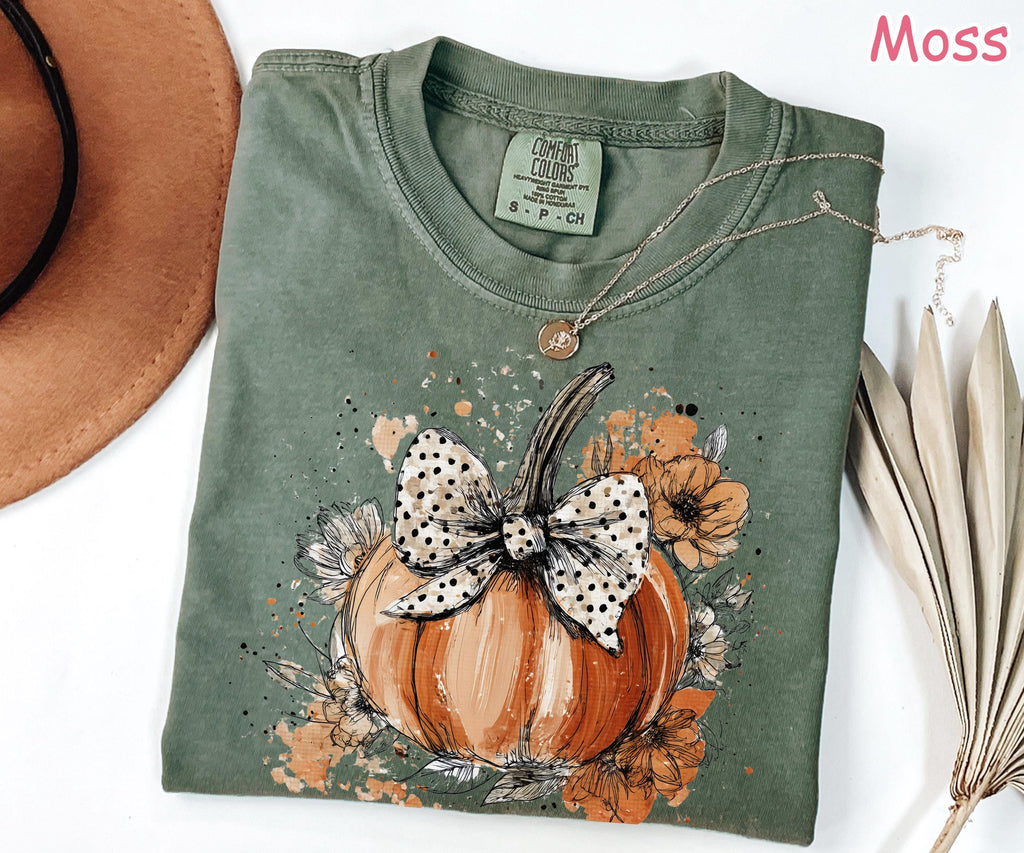 Comfort Colors® Floral Fall Pumpkin Shirt, Retro Pumpkin Bow Shirt, Coquette Fall Shirt, Cozy Autumn Shirt, Women's Halloween Flowers Tshirt