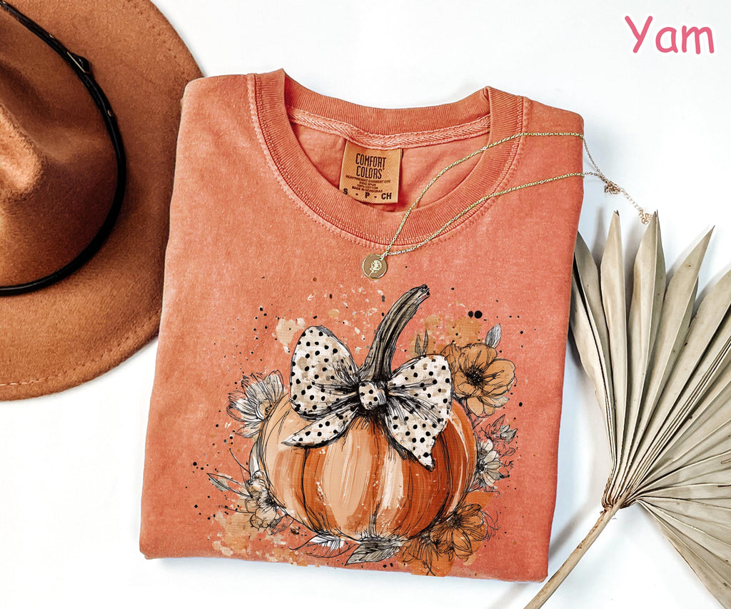 Comfort Colors® Floral Fall Pumpkin Shirt, Retro Pumpkin Bow Shirt, Coquette Fall Shirt, Cozy Autumn Shirt, Women's Halloween Flowers Tshirt