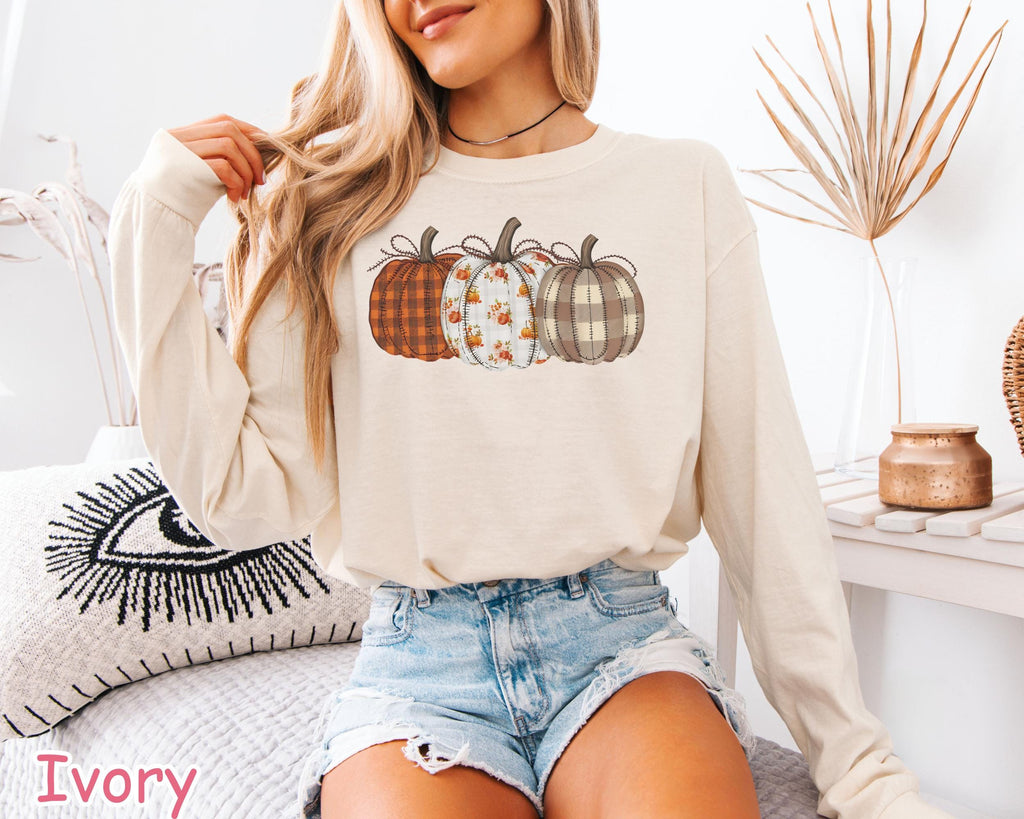 Comfort Colors® Pumpkin Shirt, Boho Fall Pumpkin Shirt, Patchwork Pumpkin Tee, Autumn Long Sleeve Shirt, Fall Harvest Shirt, Pumpkin Patch