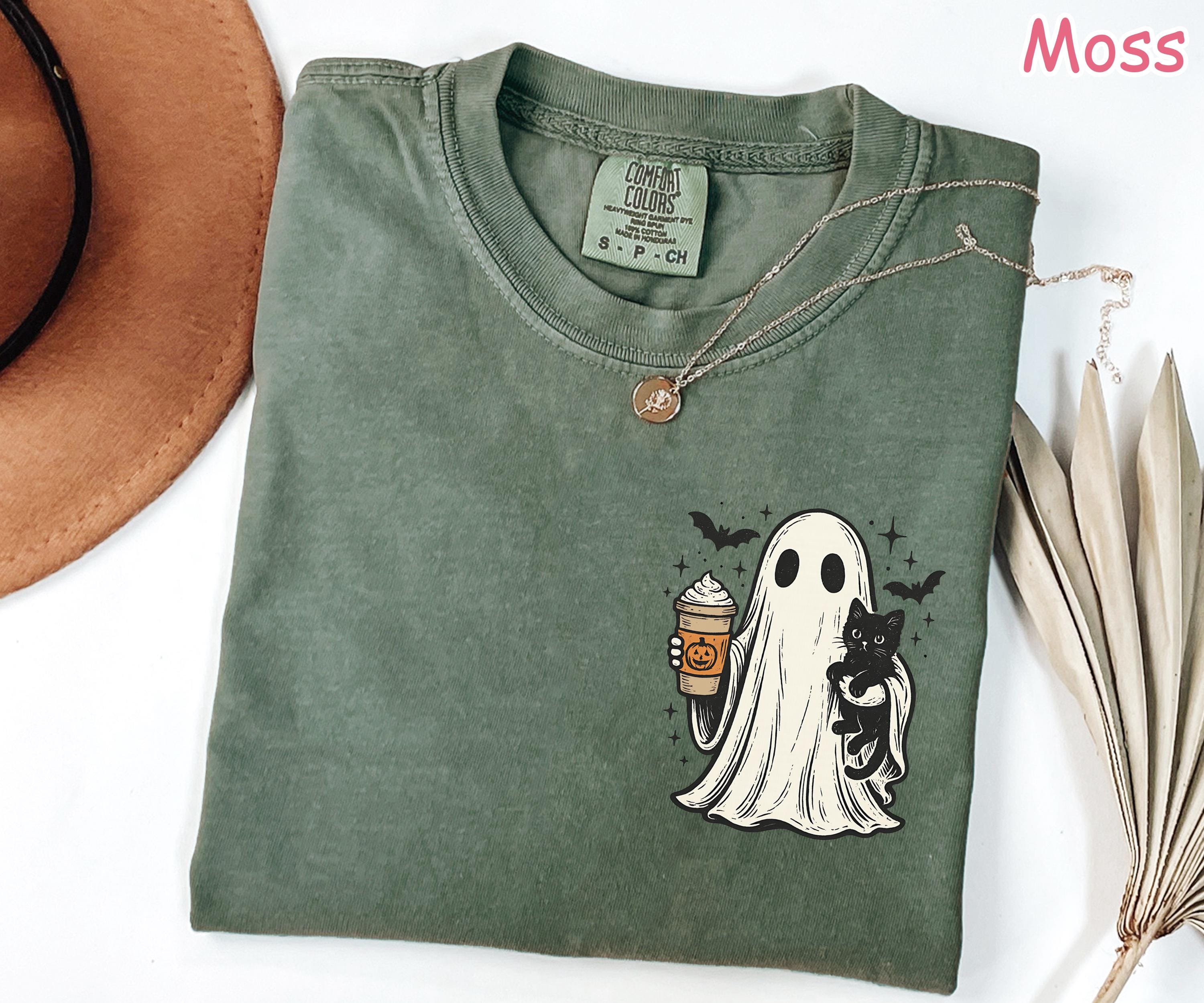 Comfort Colors® Ghost Cat Halloween Shirt, Pumpkin Spice Ghost T-Shirt, Cute Spooky Season Shirt, Black Cat Shirt, Women's Fall Coffee Shirt