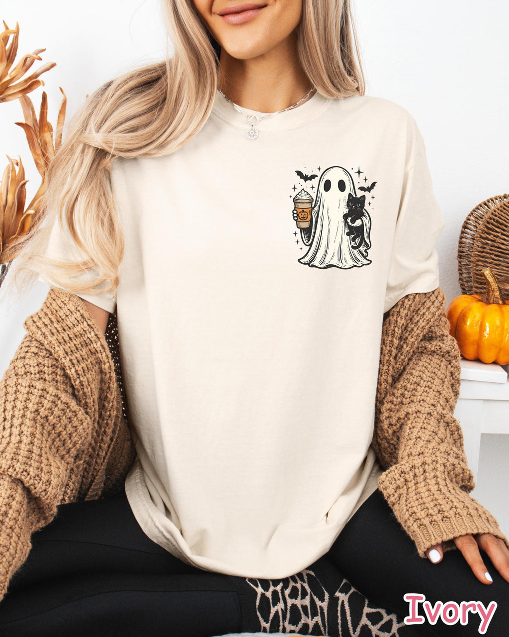 Comfort Colors® Ghost Cat Halloween Shirt, Pumpkin Spice Ghost T-Shirt, Cute Spooky Season Shirt, Black Cat Shirt, Women's Fall Coffee Shirt