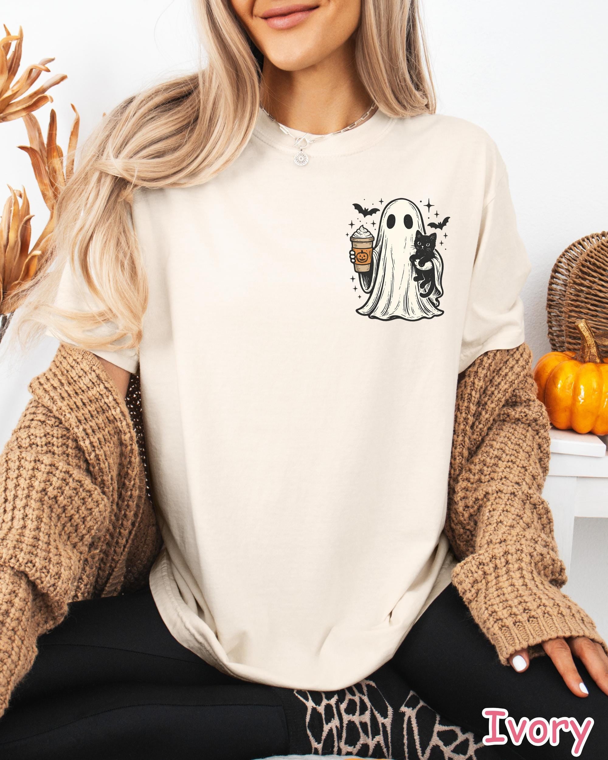 Comfort Colors® Ghost Cat Halloween Shirt, Pumpkin Spice Ghost T-Shirt, Cute Spooky Season Shirt, Black Cat Shirt, Women's Fall Coffee Shirt