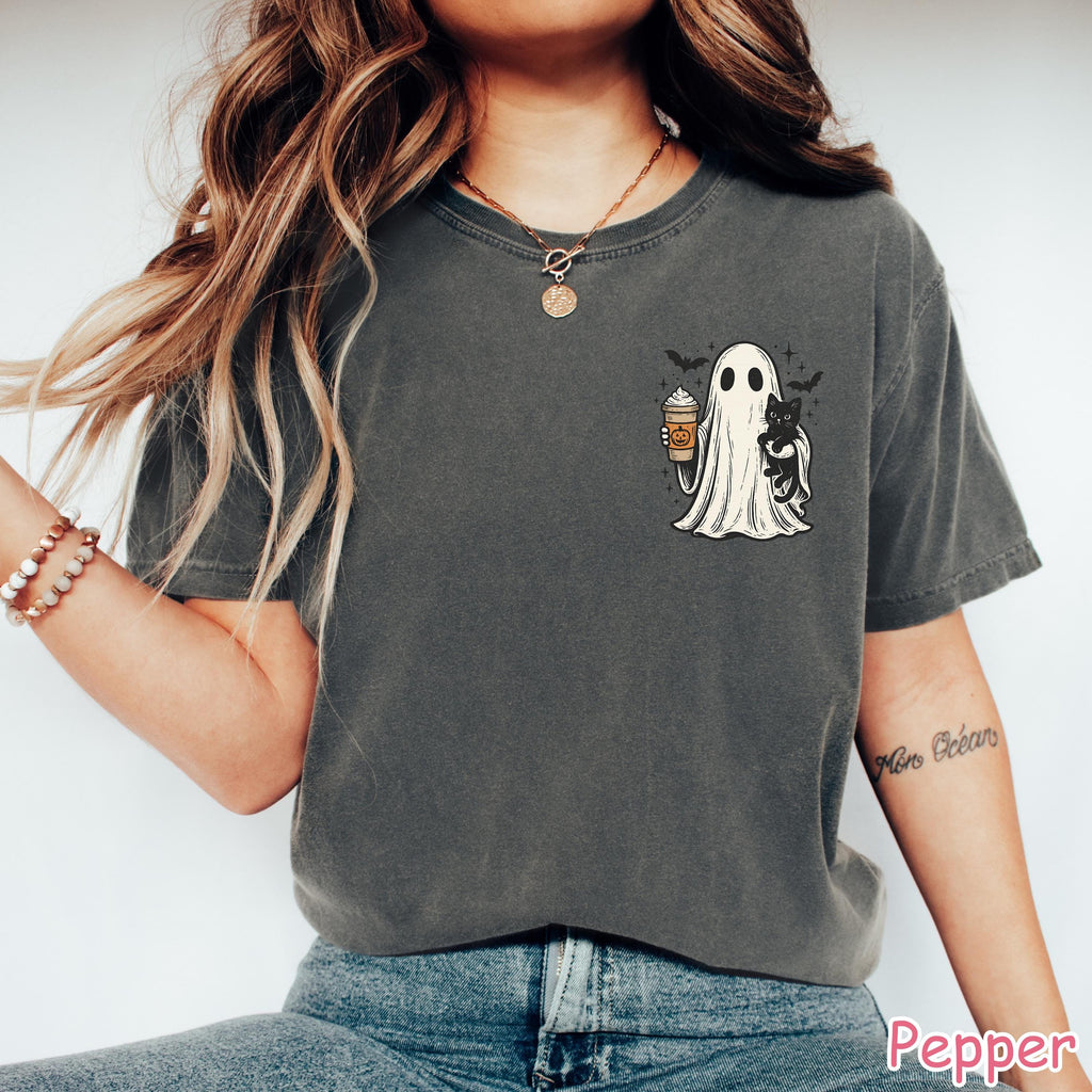 Comfort Colors® Ghost Cat Halloween Shirt, Pumpkin Spice Ghost T-Shirt, Cute Spooky Season Shirt, Black Cat Shirt, Women's Fall Coffee Shirt