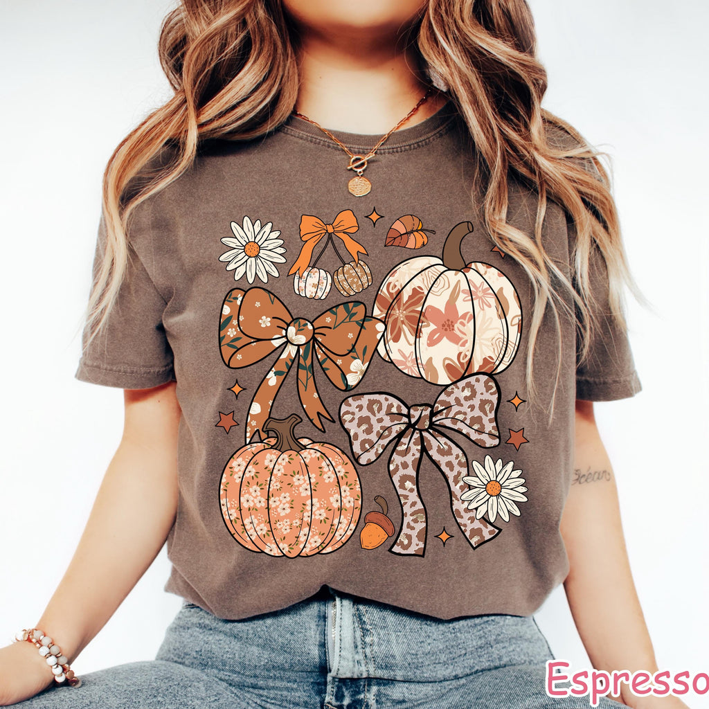 Comfort Colors® Boho Floral Fall Pumpkin Shirt, Coquette Fall Bow Shirt, Preppy Autumn Shirt, Women's Fall Leopard Pumpkin Tee, Cozy Season