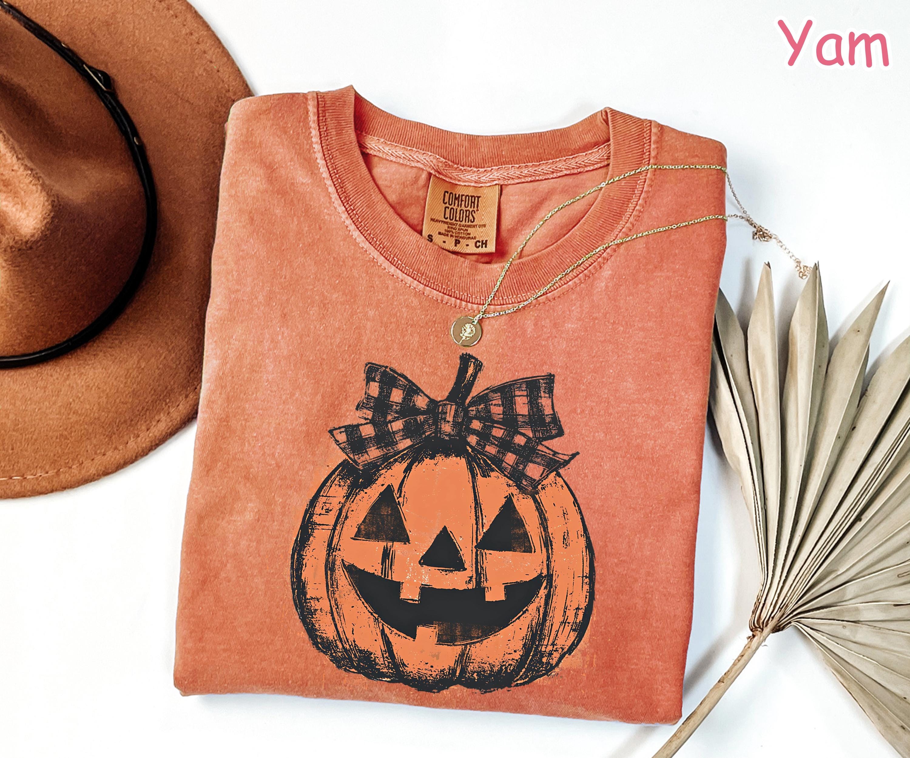 Comfort Colors® Pumpkin Shirt, Coquette Fall Pumpkin Shirt, Women's Halloween Bow Shirt, Retro Pumpkin Patch Shirt, Vintage Halloween Tee