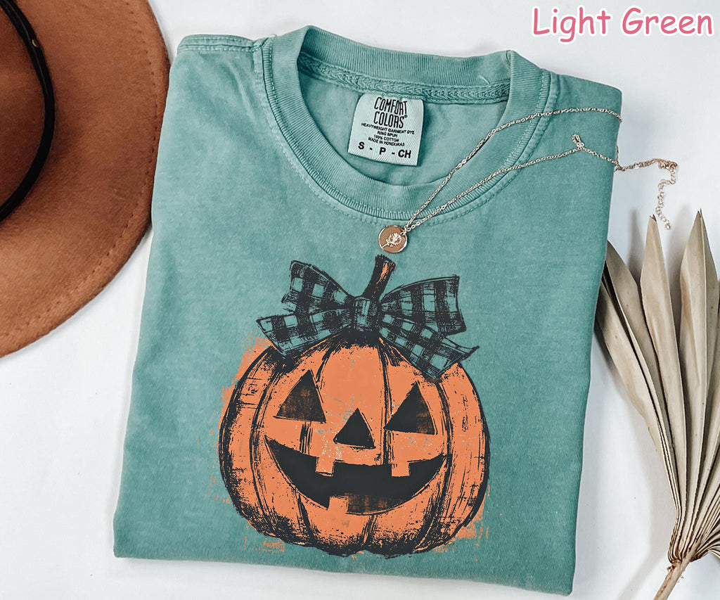 Comfort Colors® Pumpkin Shirt, Coquette Fall Pumpkin Shirt, Women's Halloween Bow Shirt, Retro Pumpkin Patch Shirt, Vintage Halloween Tee