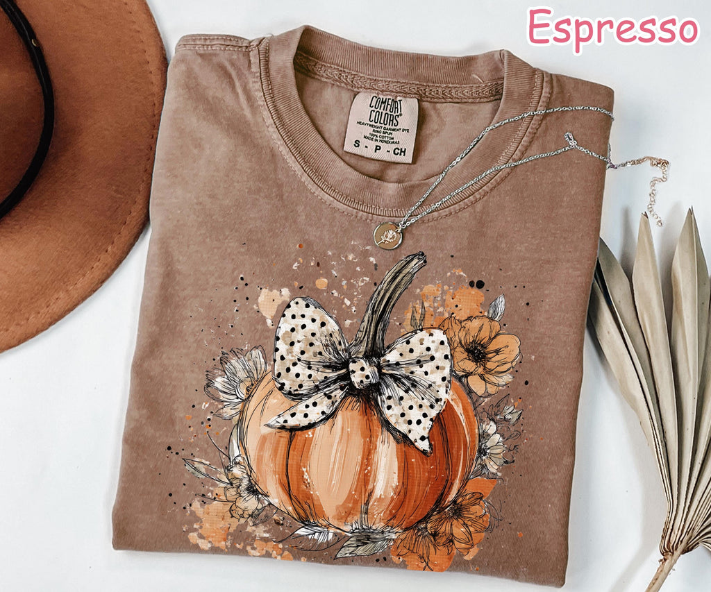 Comfort Colors® Floral Fall Pumpkin Shirt, Retro Pumpkin Bow Shirt, Coquette Fall Shirt, Cozy Autumn Shirt, Women's Halloween Flowers Tshirt