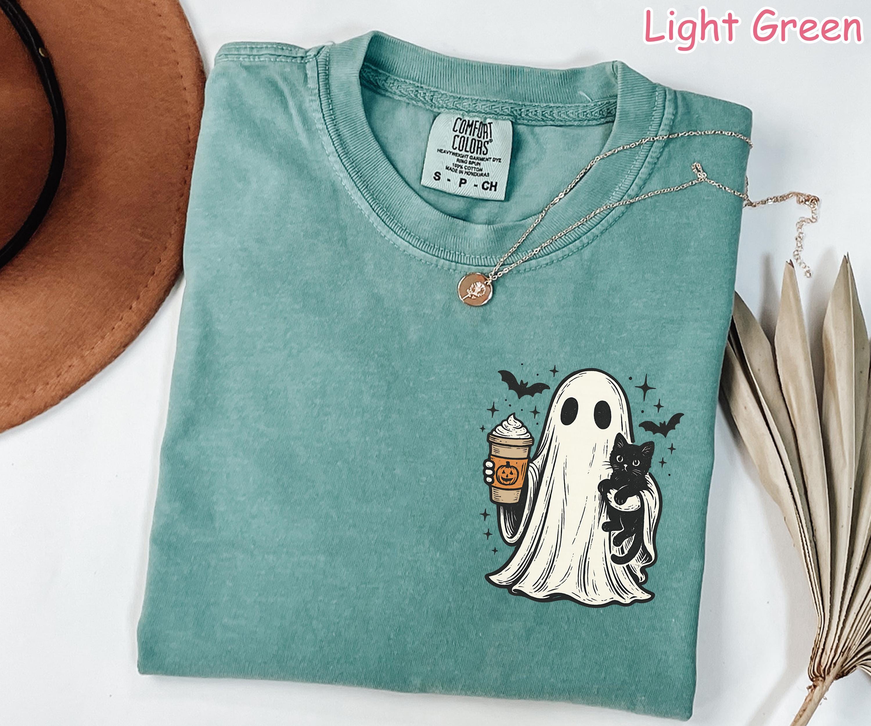 Comfort Colors® Ghost Cat Halloween Shirt, Pumpkin Spice Ghost T-Shirt, Cute Spooky Season Shirt, Black Cat Shirt, Women's Fall Coffee Shirt