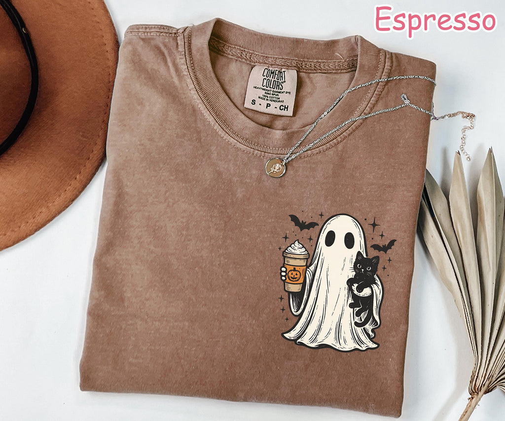 Comfort Colors® Ghost Cat Halloween Shirt, Pumpkin Spice Ghost T-Shirt, Cute Spooky Season Shirt, Black Cat Shirt, Women's Fall Coffee Shirt