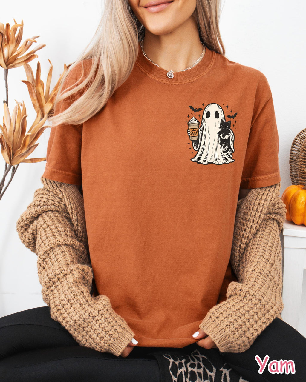 Comfort Colors® Ghost Cat Halloween Shirt, Pumpkin Spice Ghost T-Shirt, Cute Spooky Season Shirt, Black Cat Shirt, Women's Fall Coffee Shirt