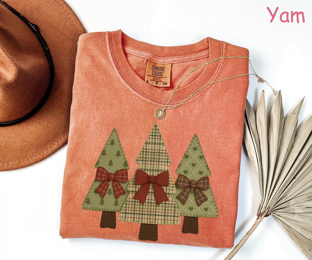 Comfort Colors® Christmas Tree Shirt, Patchwork Christmas Shirt, Retro Holiday Shirt, Coquette Christmas Shirt for Women, Vintage Christmas