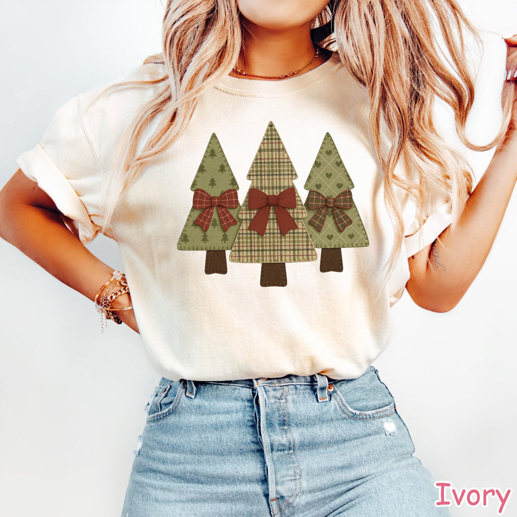 Comfort Colors® Christmas Tree Shirt, Patchwork Christmas Shirt, Retro Holiday Shirt, Coquette Christmas Shirt for Women, Vintage Christmas