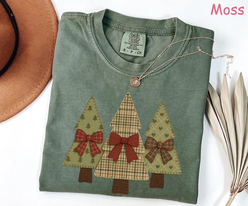 Comfort Colors® Christmas Tree Shirt, Patchwork Christmas Shirt, Retro Holiday Shirt, Coquette Christmas Shirt for Women, Vintage Christmas