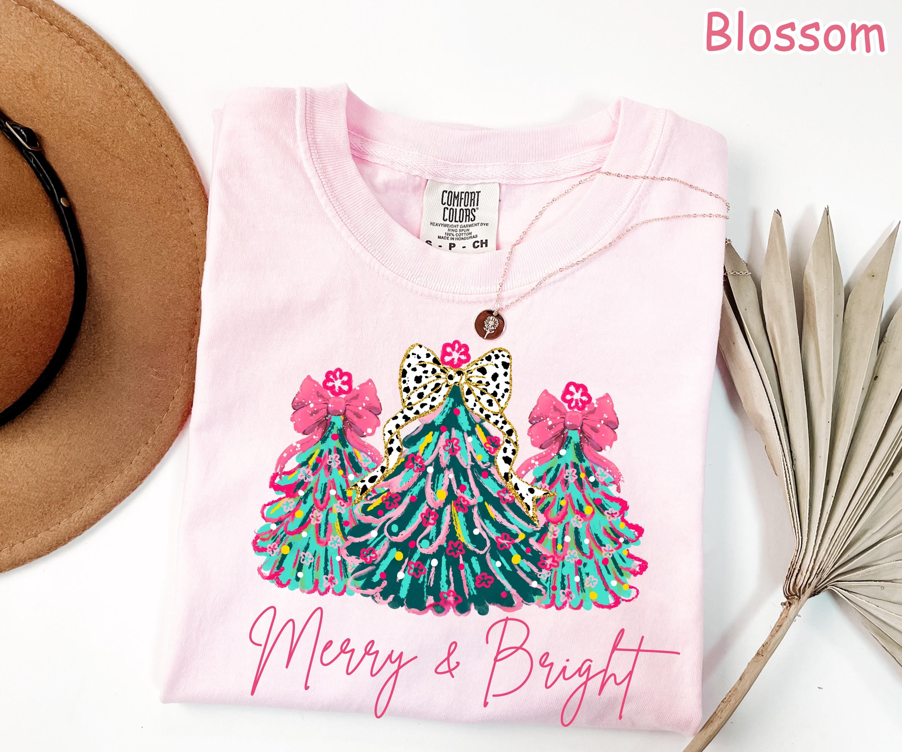 Comfort Colors Merry & Bright Christmas Tree Shirt: Pink Holiday Tee
