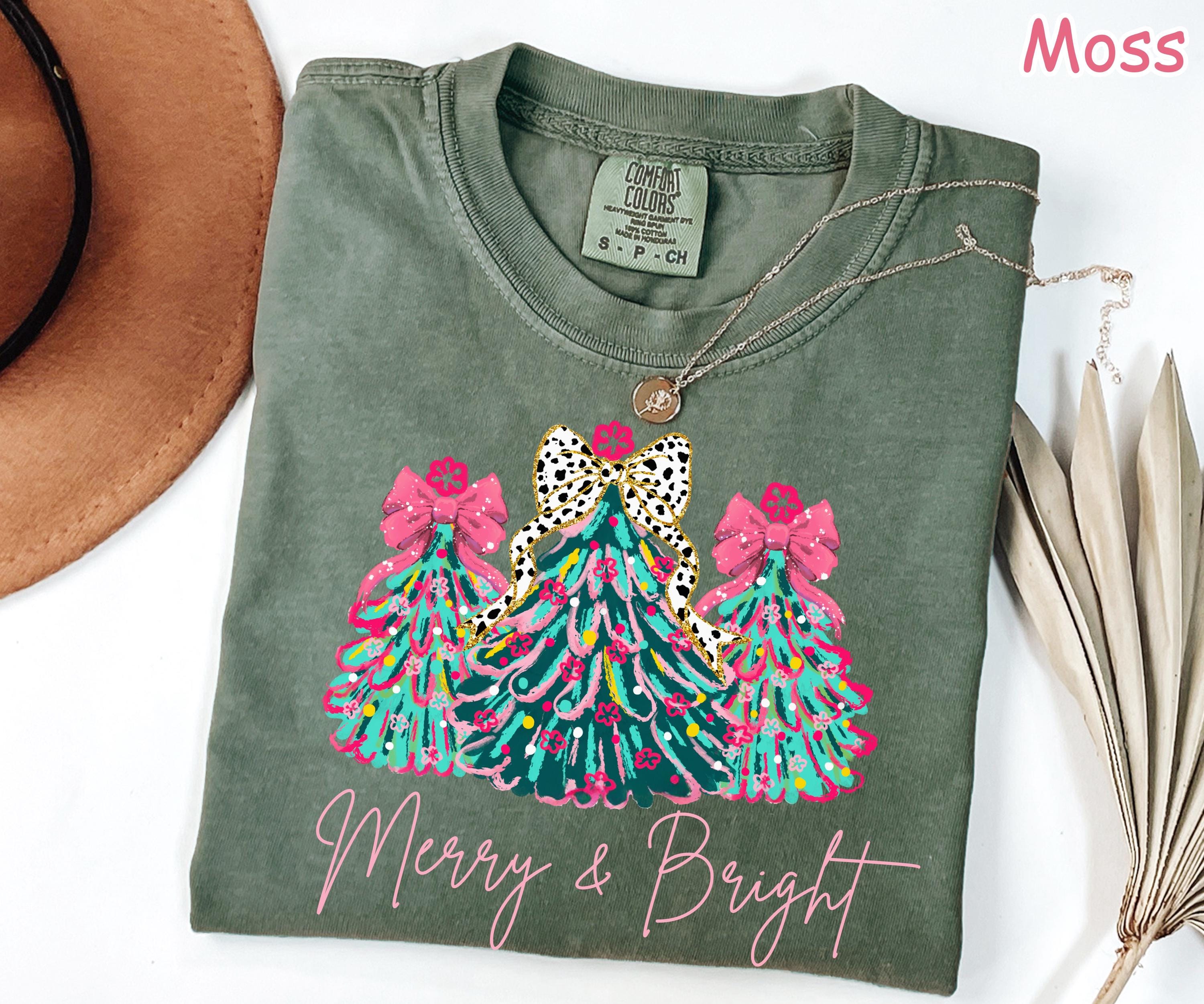 Comfort Colors Merry & Bright Christmas Tree Shirt: Pink Holiday Tee