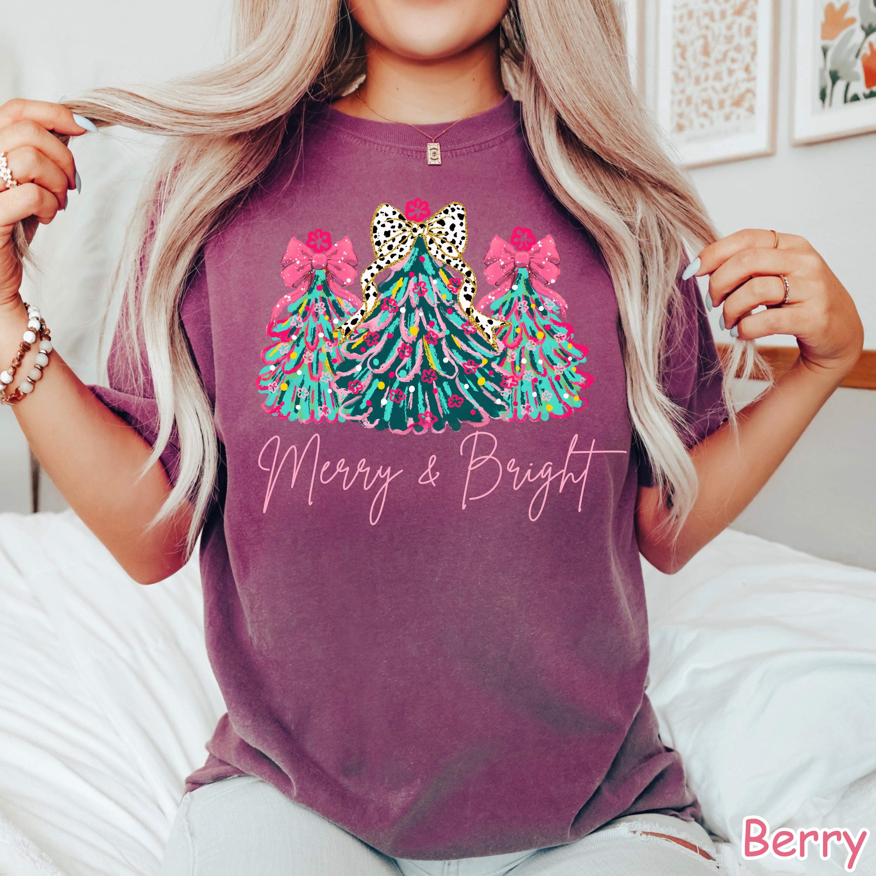Comfort Colors Merry & Bright Christmas Tree Shirt: Pink Holiday Tee