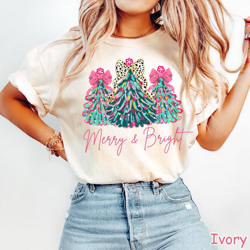 Comfort Colors Merry & Bright Christmas Tree Shirt: Pink Holiday Tee