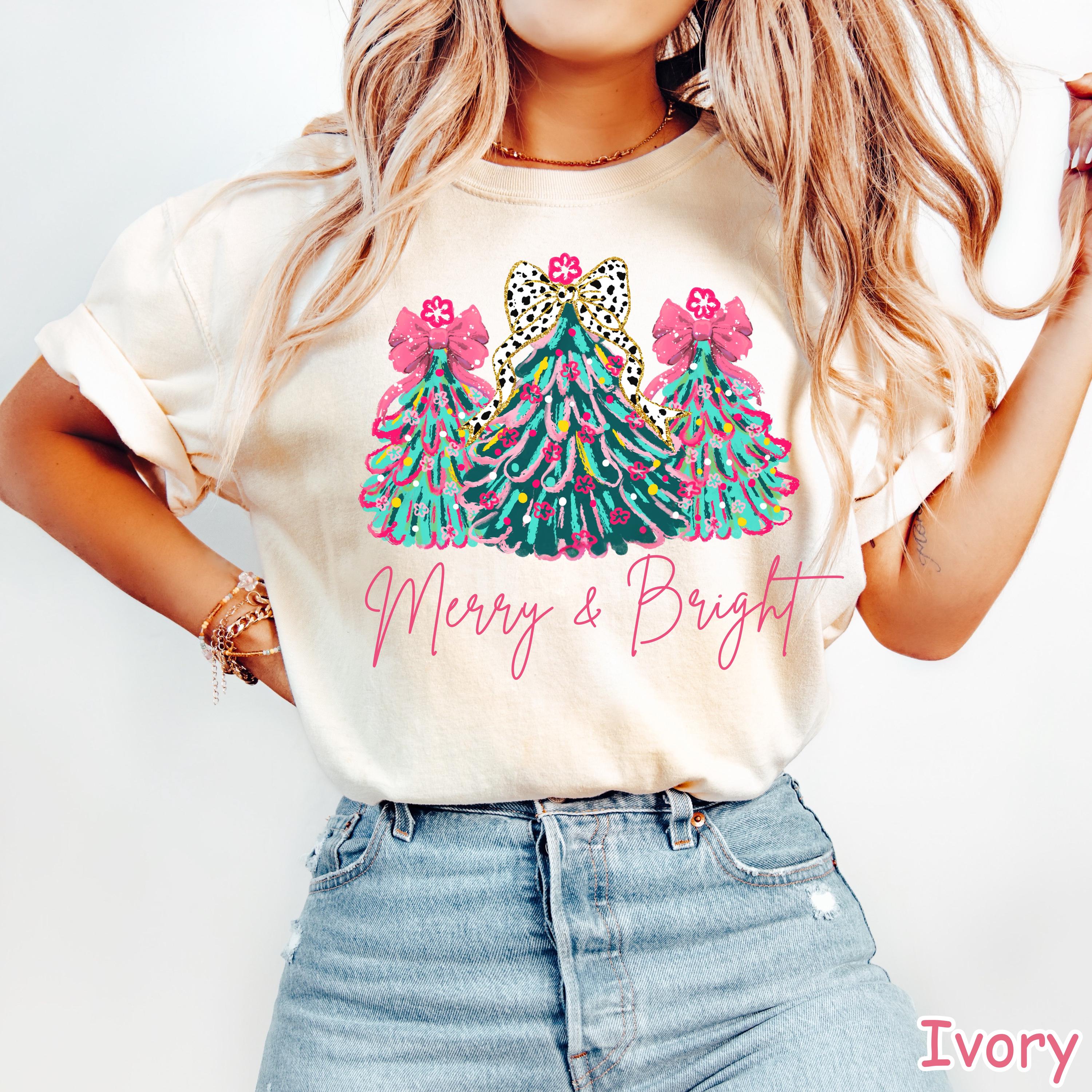 Comfort Colors Merry & Bright Christmas Tree Shirt: Pink Holiday Tee