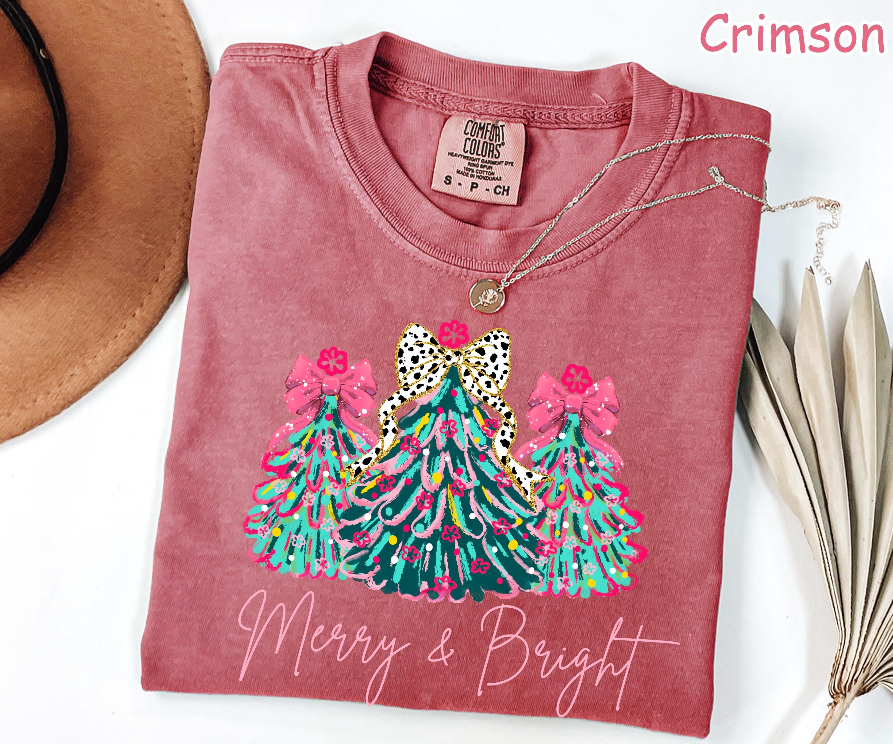 Comfort Colors Merry & Bright Christmas Tree Shirt: Pink Holiday Tee