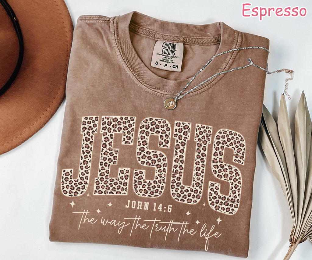 Comfort Colors® Christian Jesus Shirt, Cheetah Print Bible Verse T-Shirt, Trendy Faith Shirt Religious Women Gift The Way The Truth The Life