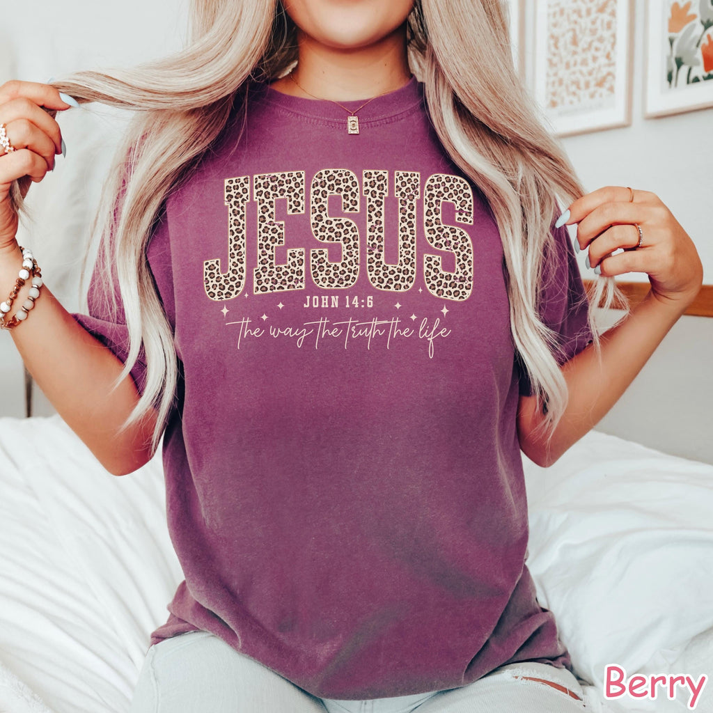 Comfort Colors® Christian Jesus Shirt, Cheetah Print Bible Verse T-Shirt, Trendy Faith Shirt Religious Women Gift The Way The Truth The Life