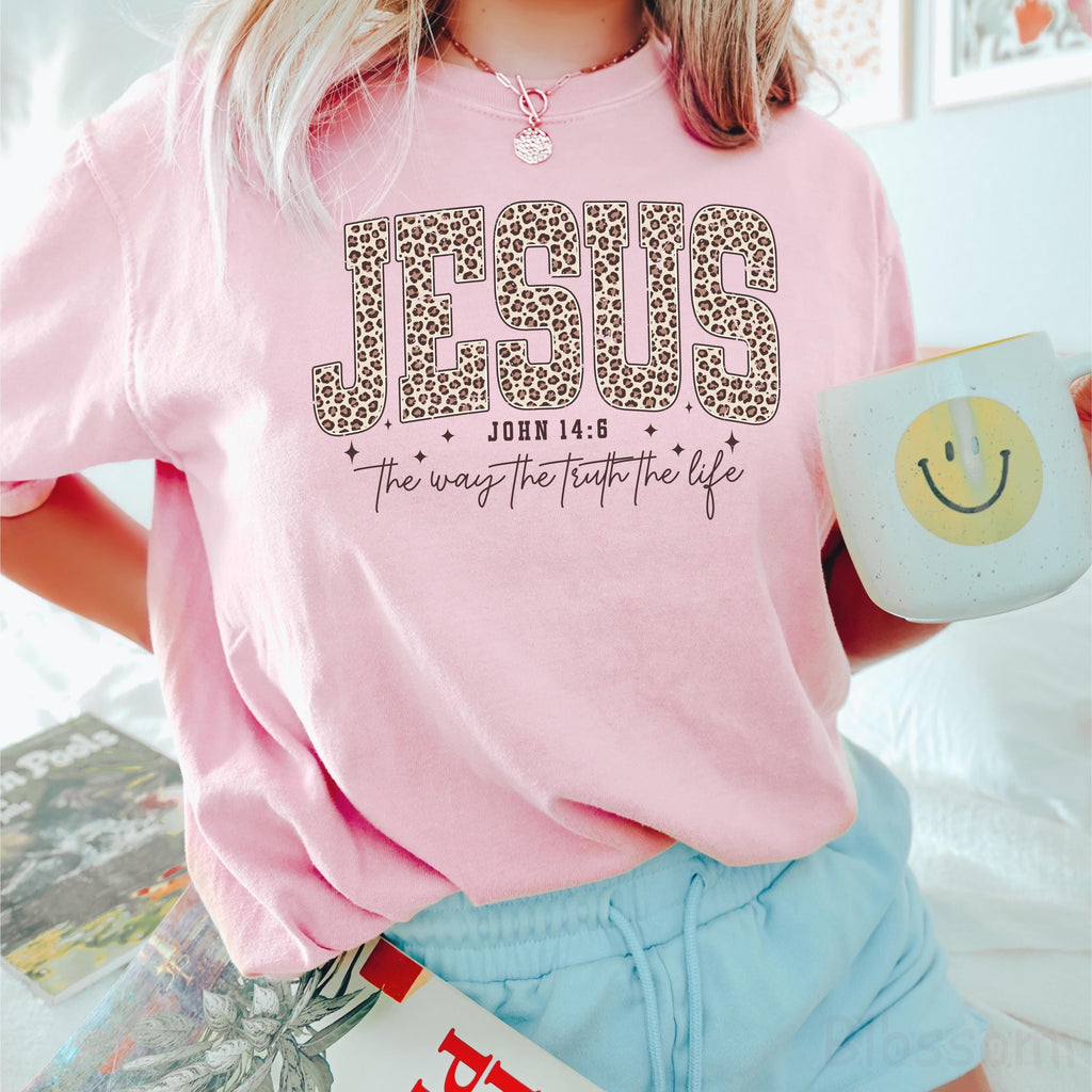 Comfort Colors® Christian Jesus Shirt, Cheetah Print Bible Verse T-Shirt, Trendy Faith Shirt Religious Women Gift The Way The Truth The Life