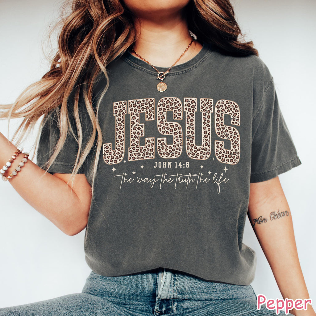 Comfort Colors® Christian Jesus Shirt, Cheetah Print Bible Verse T-Shirt, Trendy Faith Shirt Religious Women Gift The Way The Truth The Life