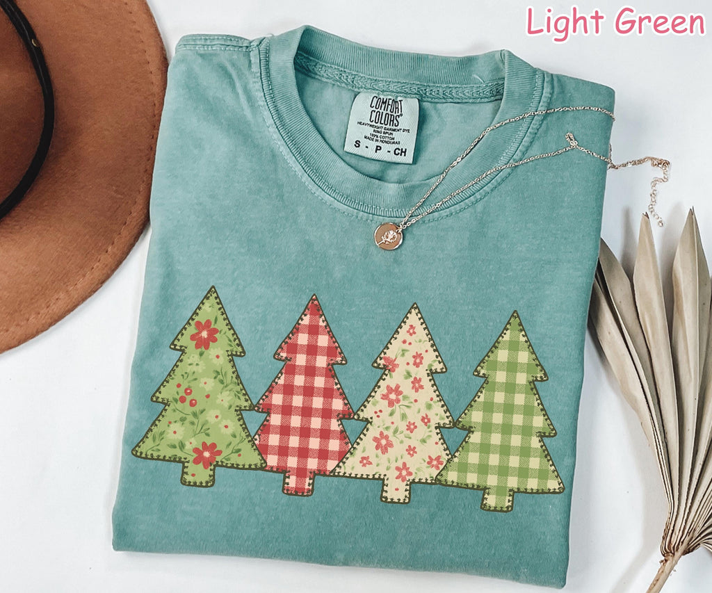Comfort Colors® Christmas Tree Faux Patchwork Shirt Vintage Christmas Shirt Floral Gingham Plaid Christmas Tee Retro Holiday Shirt for Women