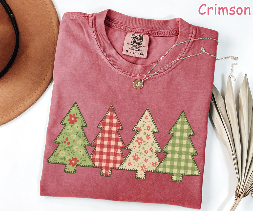 Comfort Colors® Christmas Tree Faux Patchwork Shirt Vintage Christmas Shirt Floral Gingham Plaid Christmas Tee Retro Holiday Shirt for Women