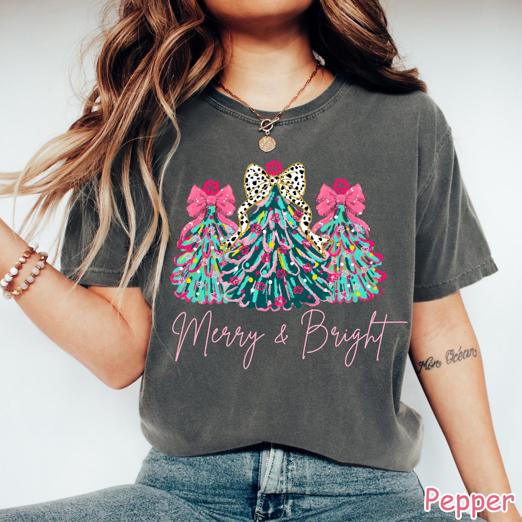 Comfort Colors Merry & Bright Christmas Tree Shirt: Pink Holiday Tee