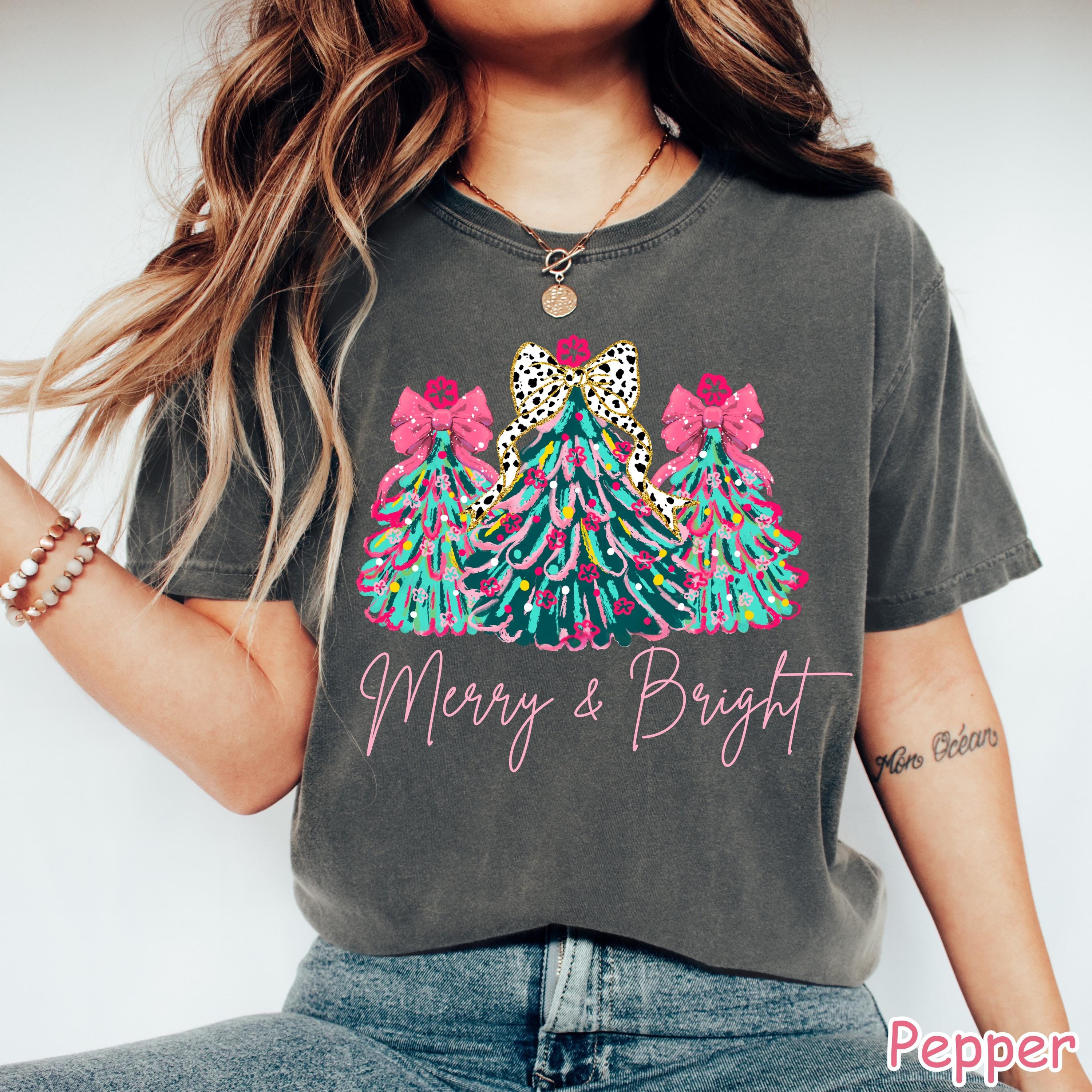 Comfort Colors Merry & Bright Christmas Tree Shirt: Pink Holiday Tee