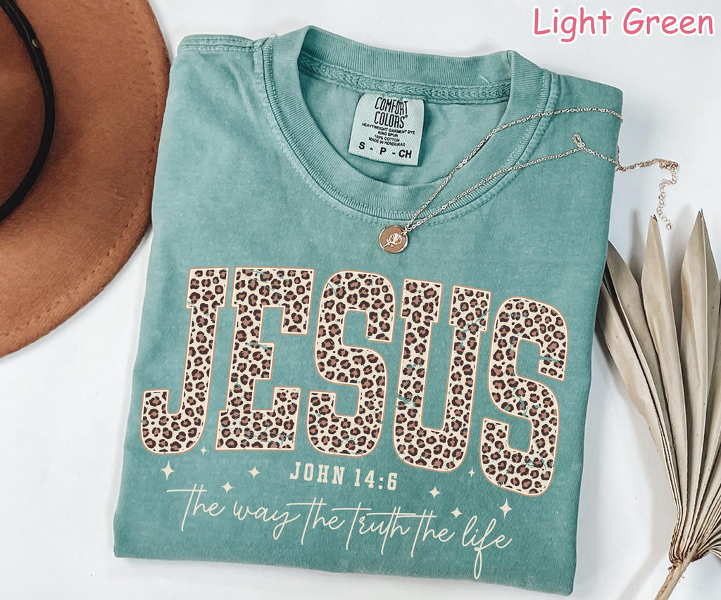Comfort Colors® Christian Jesus Shirt, Cheetah Print Bible Verse T-Shirt, Trendy Faith Shirt Religious Women Gift The Way The Truth The Life