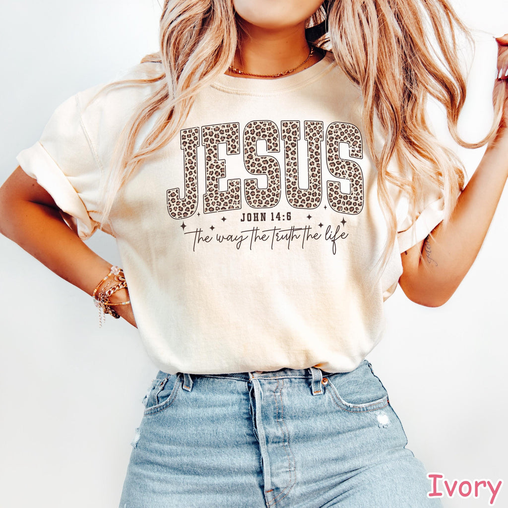 Comfort Colors® Christian Jesus Shirt, Cheetah Print Bible Verse T-Shirt, Trendy Faith Shirt Religious Women Gift The Way The Truth The Life