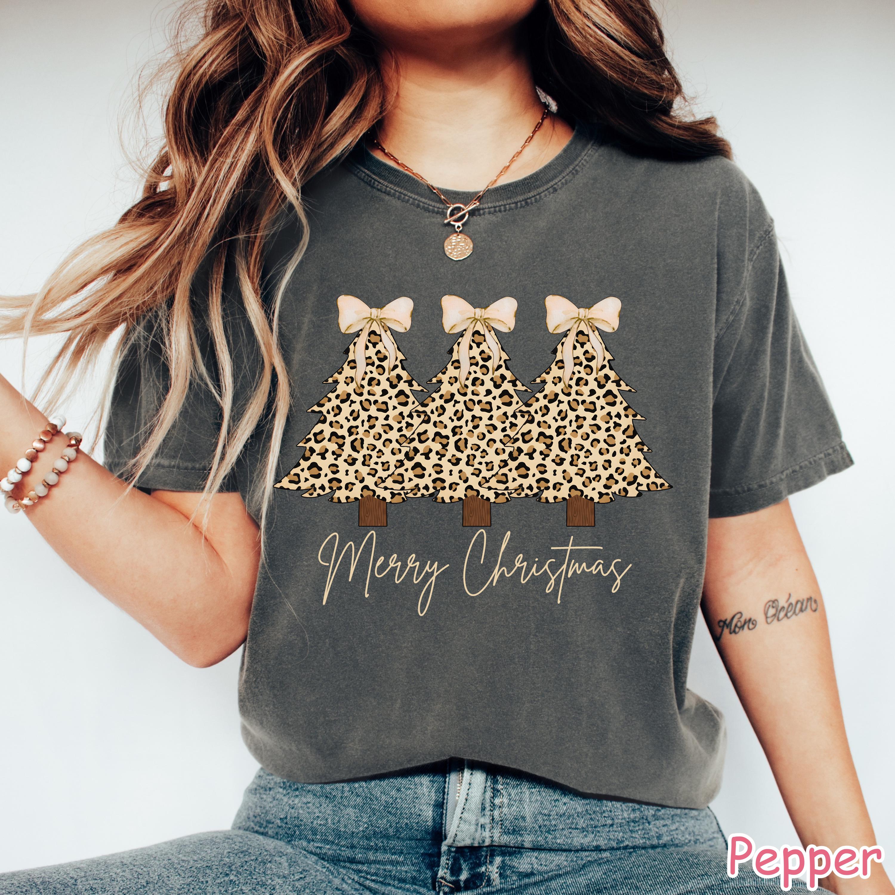 Comfort Colors® Merry Christmas Shirt, Leopard Print Christmas Tree Shirt, Coquette Christmas Shirt, Cute Holiday Shirt Women's Xmas Bow Tee