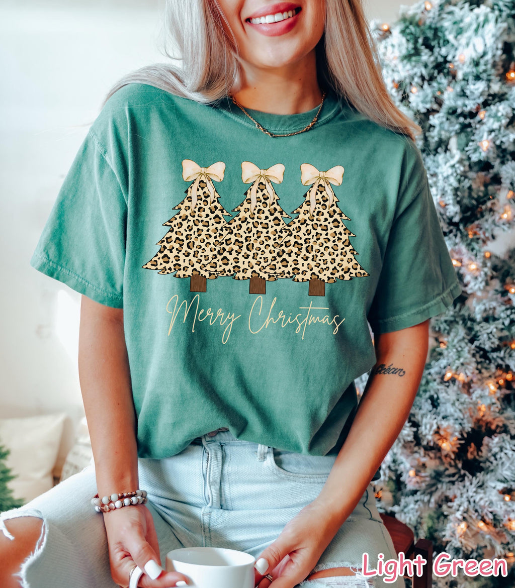 Comfort Colors® Merry Christmas Shirt, Leopard Print Christmas Tree Shirt, Coquette Christmas Shirt, Cute Holiday Shirt Women's Xmas Bow Tee