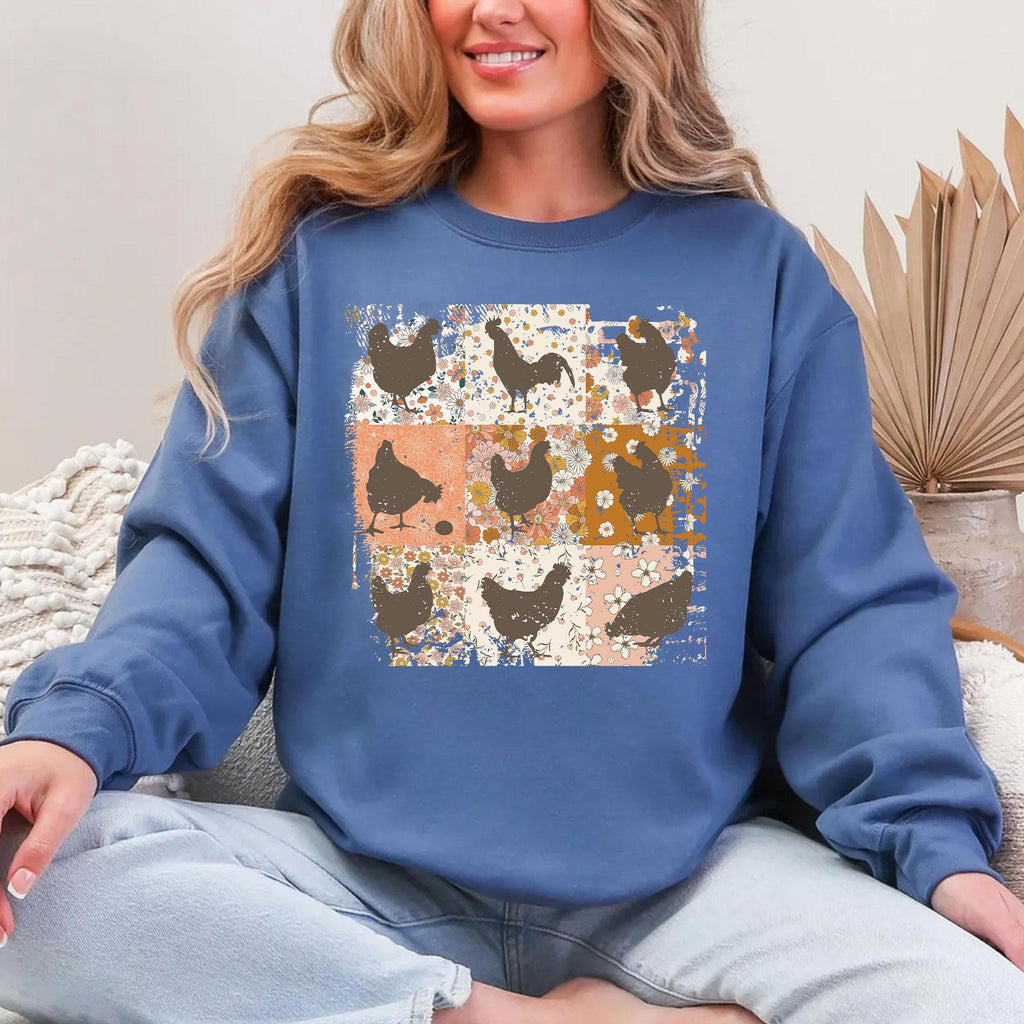 Boho Chicken Sweatshirt, Retro Floral Farmhouse Tee
