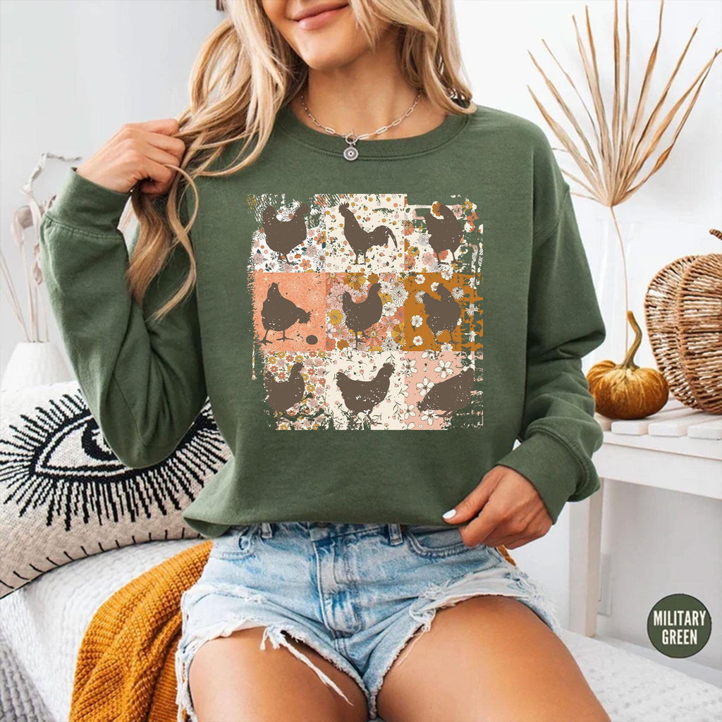 Boho Chicken Sweatshirt, Retro Floral Farmhouse Tee