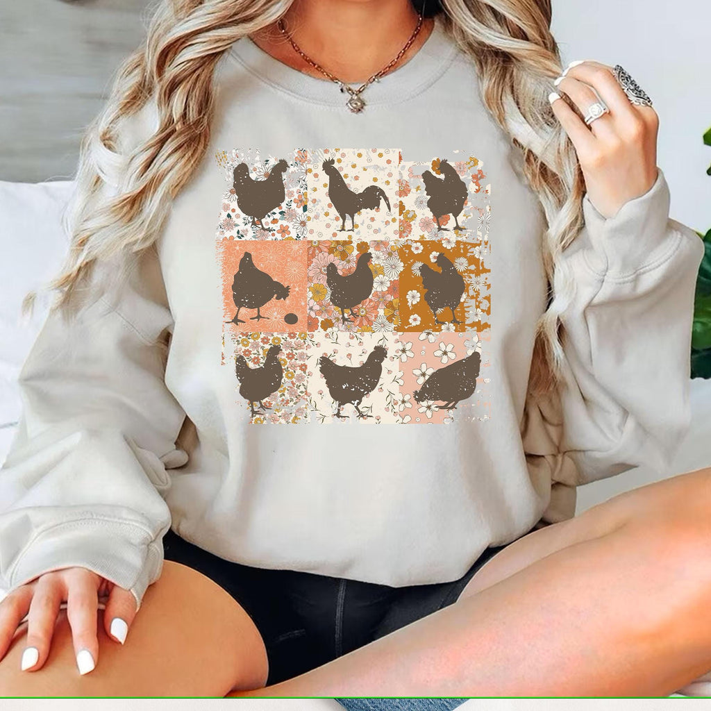 Boho Chicken Sweatshirt, Retro Floral Farmhouse Tee