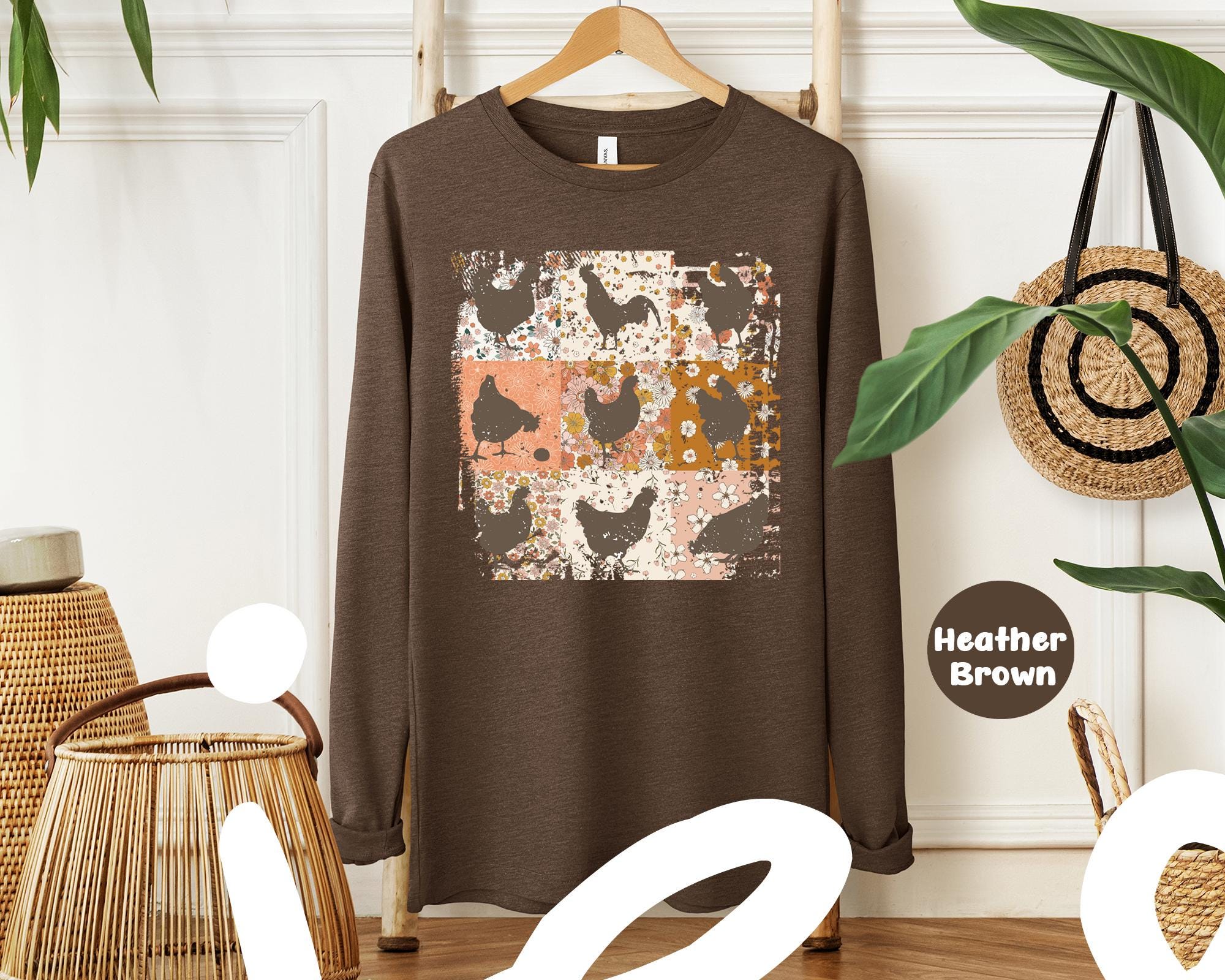 Boho Chicken Sweatshirt, Retro Floral Farmhouse Tee
