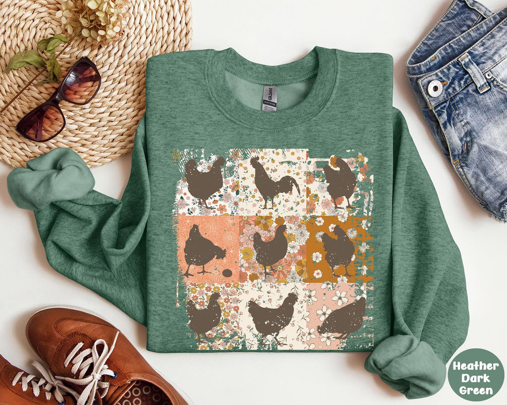 Boho Chicken Sweatshirt, Retro Floral Farmhouse Tee