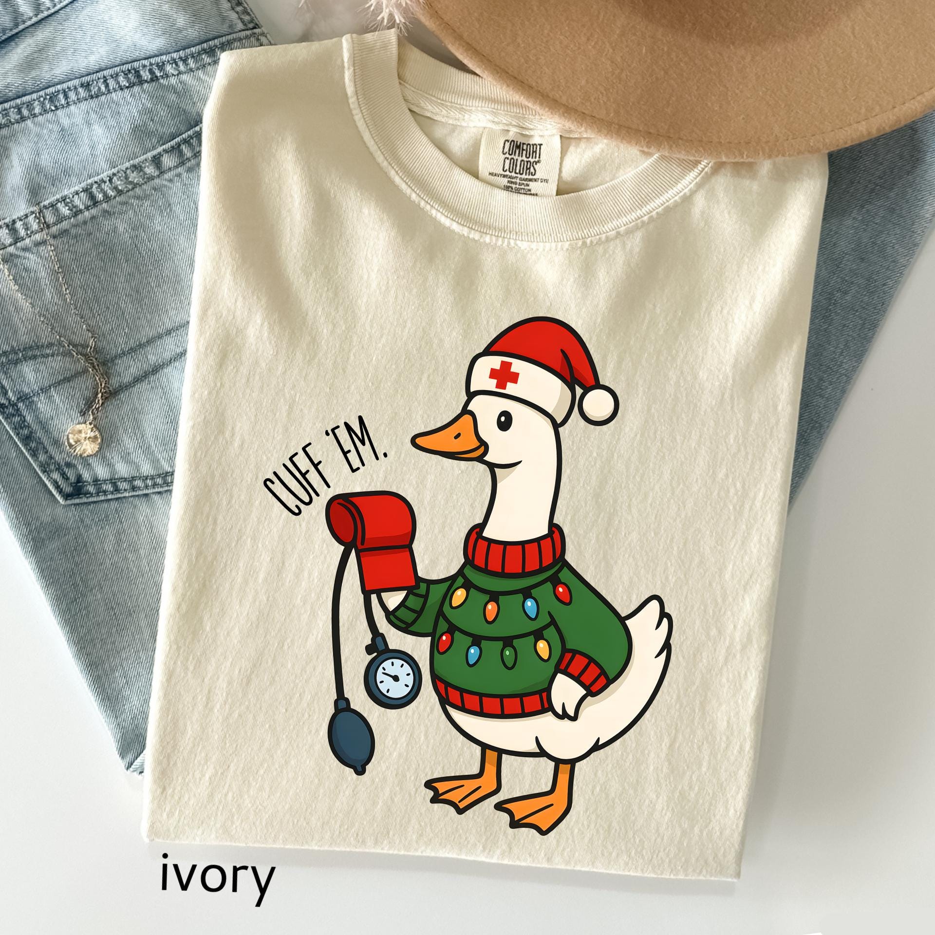 Comfort Colors© Cuff Em Funny Goose Nurse Christmas Shirt, Medical Humor RN Nurse Gift
